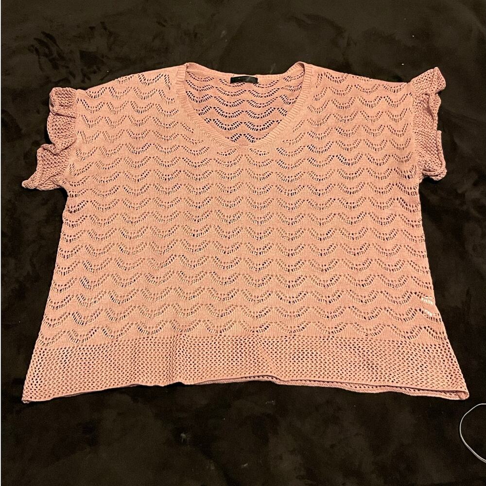 SHEIN ruffle sleeve pointelle crochet pink blouse top EUC 2XL